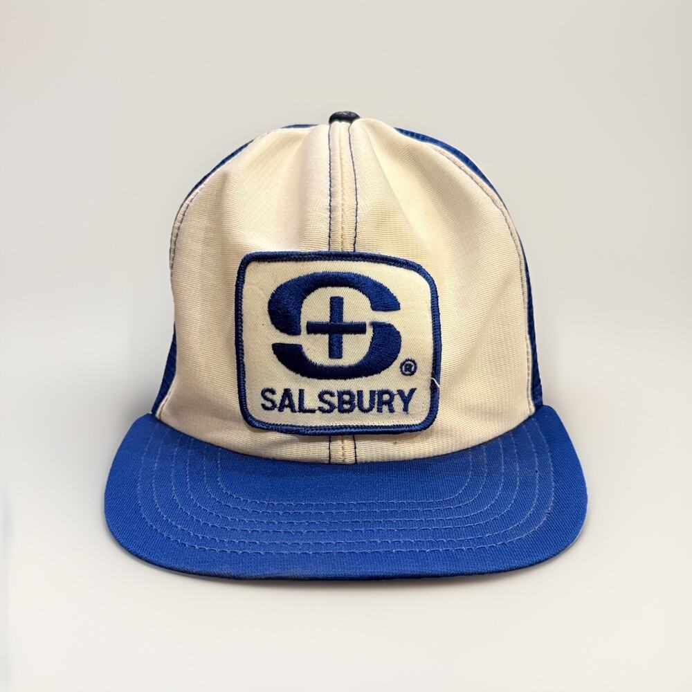 Vintage 80s Salsbury Mens Patch White Blue Adjustable SnapBack Trucker Hat Cap